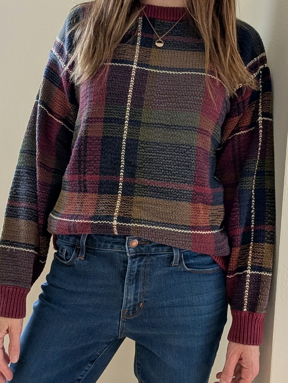 Vintage 90's Plaid Abstract Geometric Crewneck Sweater In Burgundy/Navy